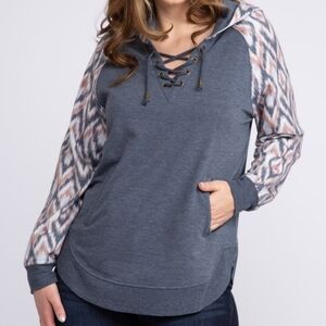 Maurices Blue/Grey Lace-Up Hoodie with Patterned Raglan Sleeves - XS